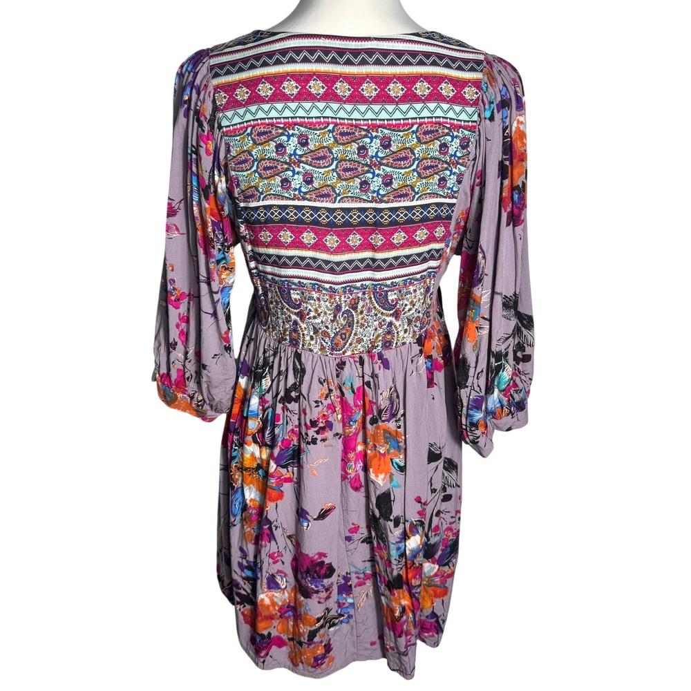 UMGEE Women's Small‎ Purple Boho Floral Print V Neck 3/4 Sleeve Mini Dress Tunic - Picture 3 of 8